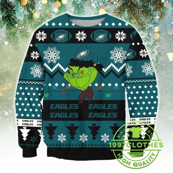 Philadelphia Eagles Funny Grinch Christmas Ugly Sweater, Philadelphia Eagles Ugly Sweater, NFL Ugly Sweater