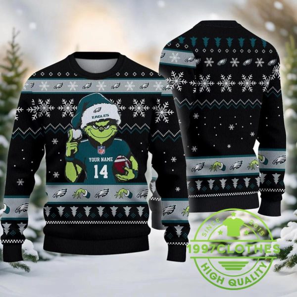 Philadelphia Eagles Grinch Custom Name Number Chrismas Ugly Sweater, Philadelphia Eagles Ugly Sweater, NFL Ugly Sweater