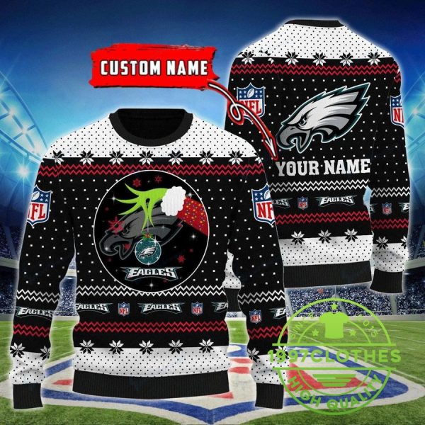 Philadelphia Eagles Grinch Custom Name Ugly Christmas Sweater, Philadelphia Eagles Ugly Sweater, NFL Ugly Sweater