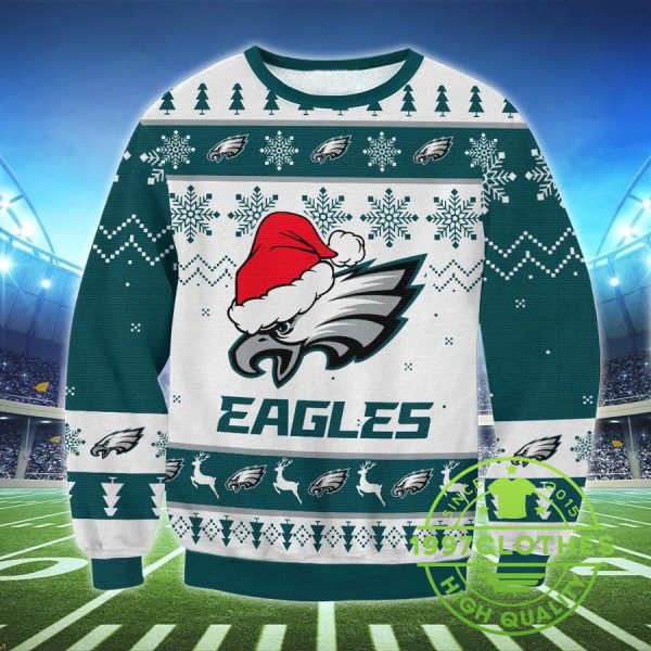 Philadelphia Eagles Santa Hat Ugly Christmas Sweater, Philadelphia Eagles Ugly Sweater, NFL Ugly Sweater