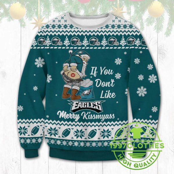 Philadelphia Eagles Santa Kissmyass Ugly Christmas Sweater, Philadelphia Eagles Ugly Sweater, NFL Ugly Sweater