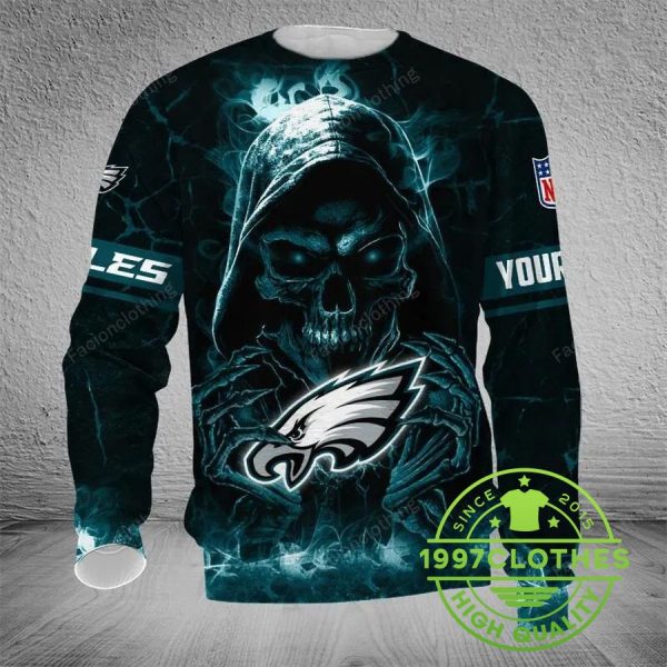 Philadelphia Eagles Skull Personalized Ugly Christmas Sweater, Philadelphia Eagles Ugly Sweater, NFL Ugly Sweater