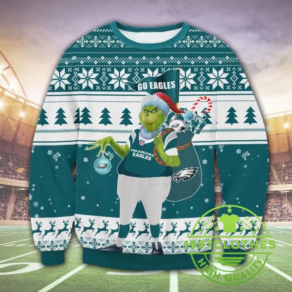 Philadelphia Eagles The Grinch Ugly Christmas Sweater, Philadelphia Eagles Ugly Sweater, NFL Ugly Sweater