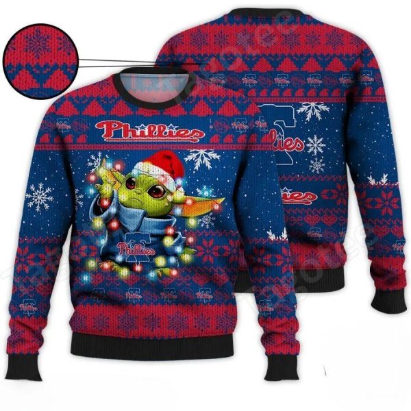 Philadelphia Phillies Baby Yoda Christmas Light Ugly Christmas Sweater, Philadelphia Phillies Ugly Sweater, MLB Christmas Sweater