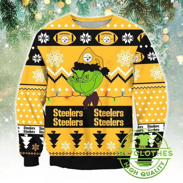 Pittsburgh Steelers Funny Grinch Christmas Sweater, Pittsburgh Steelers Ugly Sweater, NFL Ugly Sweater