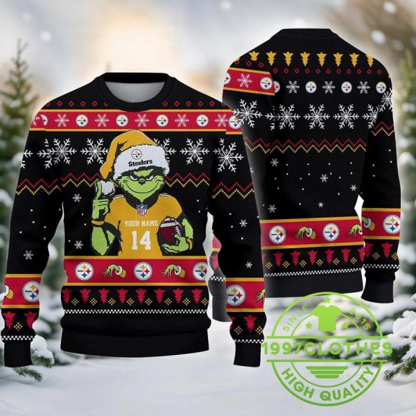 Pittsburgh Steelers Grinch Personalized Chrismas Ugly Sweater, Pittsburgh Steelers Ugly Sweater, NFL Ugly Sweater