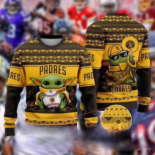 San Diego Padres Baby Yoda Hug Logo Ugly Christmas Sweater, San Diego Padres Ugly Sweater, MLB Christmas Sweater