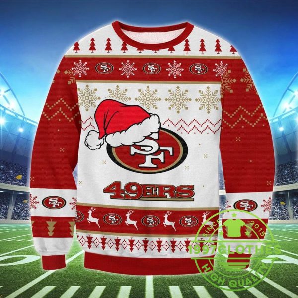 San Francisco 49Ers Santa Hat Ugly Christmas Sweater, San Francisco 49ers Ugly Sweater, NFL Ugly Sweater