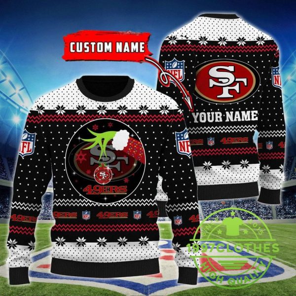 San Francisco 49ers Grinch Custom Name Ugly Christmas Sweater, San Francisco 49ers Ugly Sweater, NFL Ugly Sweater