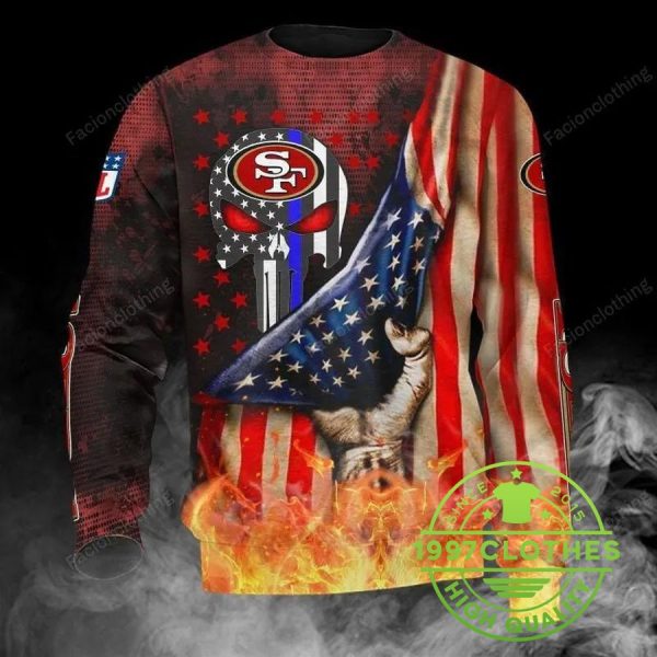 San Francisco 49ers Skull American Flag Ugly Christmas Sweater, San Francisco 49ers Ugly Sweater, NFL Ugly Sweater