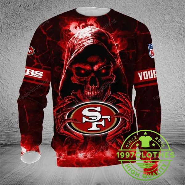 San Francisco 49ers Skull Personalized Ugly Christmas Sweater, San Francisco 49ers Ugly Sweater, NFL Ugly Sweater