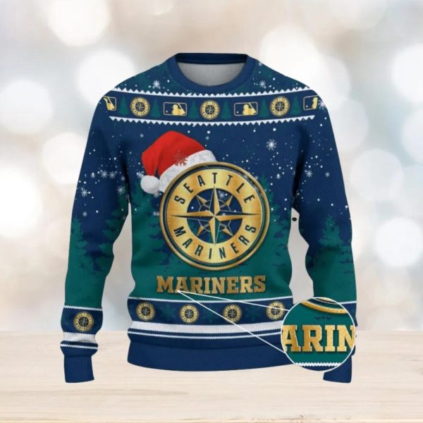 Seattle Mariners Logo Wearing Santa Hat  Ugly Christmas Sweater, Seattle Mariners Ugly Sweater, MLB Christmas Sweater