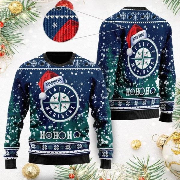 Seattle Mariners Santa Claus Hat Ho Ho Ho Custom Ugly Christmas Sweater, Seattle Mariners Ugly Sweater, MLB Christmas Sweater