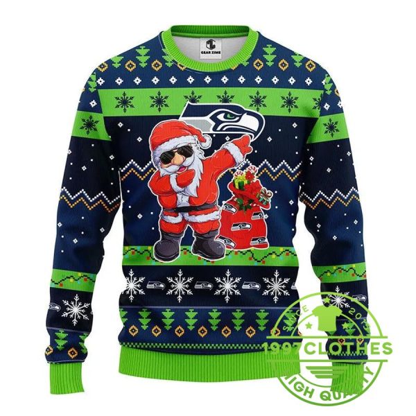 Seattle Seahawks Dabbing Santa Claus Ugly Christmas Sweater, Seattle Seahawks Ugly Sweater, NFL Ugly Sweater