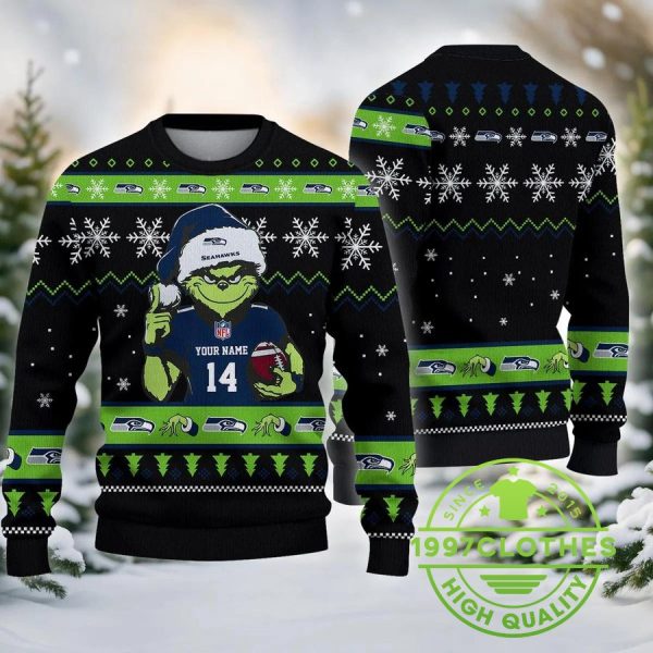 Seattle Seahawks Grinch Custom Chrismas Ugly Sweater, Seattle Seahawks Ugly Sweater, NFL Ugly Sweater