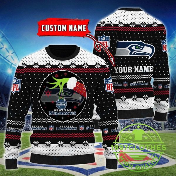 Seattle Seahawks Grinch Custom Name Ugly Christmas Sweater, Seattle Seahawks Ugly Sweater, NFL Ugly Sweater