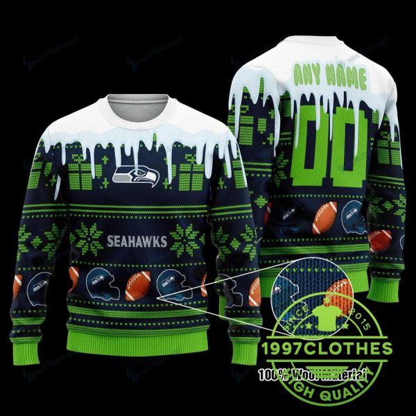 Seattle Seahawks Personalized Christmas Ugly Sweater, Seattle Seahawks Ugly Sweater, NFL Ugly Sweater