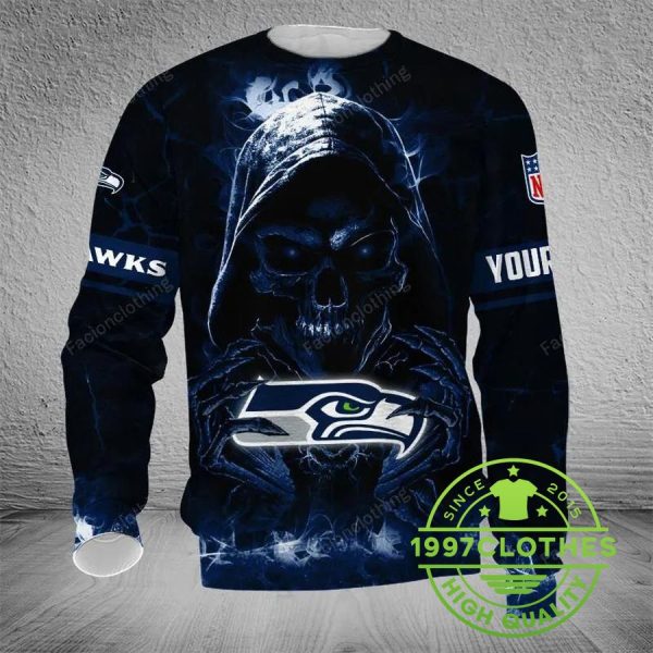 Seattle Seahawks Skull Personalized Ugly Christmas Sweater, Seattle Seahawks Ugly Sweater, NFL Ugly Sweater