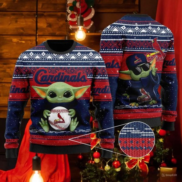 St Louis Cardinals Baby Yoda Hug Logo Ugly Christmas Sweater, St. Louis Cardinals Ugly Sweater, MLB Christmas Sweater