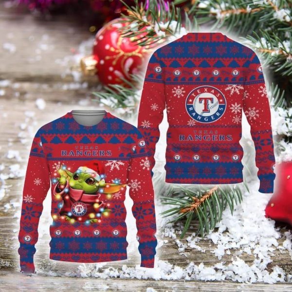 Texas Rangers Baby Yoda Star Wars Ugly Christmas Sweater, Texas Rangers Ugly Sweater, MLB Christmas Sweater