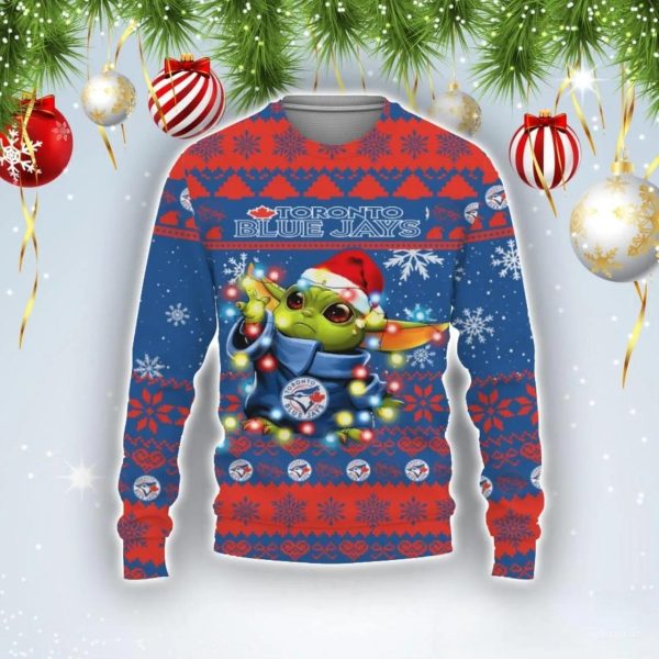 Toronto Blue Jays Baby Yoda Star Wars Ugly Christmas Sweater, Toronto Blue Jays Ugly Sweater, MLB Christmas Sweater