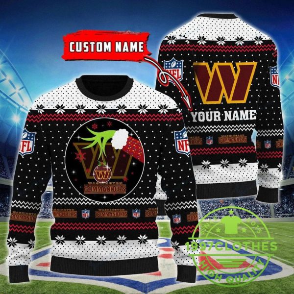 Washington Commanders Grinch Custom Name Ugly Christmas Sweater, Washington Commanders Ugly Sweater, NFL Ugly Sweater