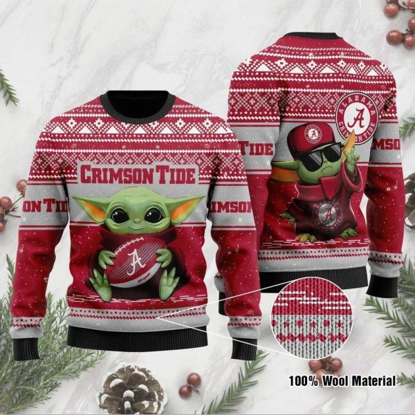 Alabama Crimson Tide Grogu Baby Yoda Hug Logo Ugly Christmas Sweater, Alabama Crimson Tide Christmas Sweater, NCAA Christmas Sweater