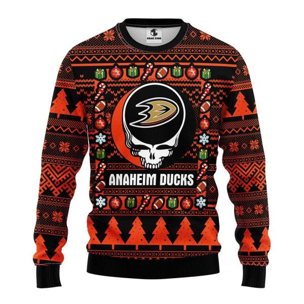 Anaheim Ducks Grateful Dead Ugly Christmas Sweater, Anaheim Ducks Ugly Sweater, NHL Ugly Sweater