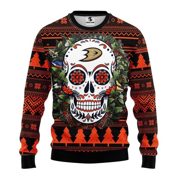 Anaheim Ducks Skull Flower Ugly Christmas Sweater, Anaheim Ducks Ugly Sweater, NHL Ugly Sweater