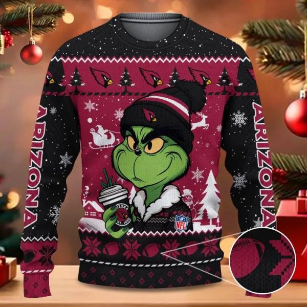 Arizona Cardinals The Grinch Drink Coffee NFL Fans Ugly Sweater, Arizona Cardinals Ugly Sweater, NFL Ugly Sweater