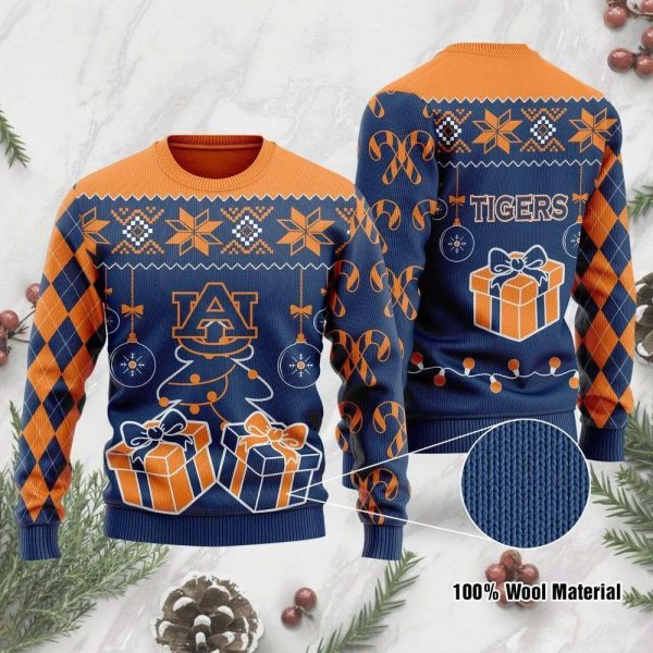 Auburn Tigers Tree Box Ugly Christmas Sweater, Auburn Tigers Christmas Sweater, NCAA Christmas Sweater