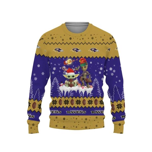 Baby Yoda Groot Cute Baltimore Ravens Ugly Christmas Sweater, Baltimore Ravens Ugly Sweater, NFL Ugly Sweater