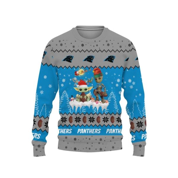 Baby Yoda Groot Cute Carolina Panthers Ugly Christmas Sweater, Carolina Panthers Ugly Sweater, NFL Ugly Sweater