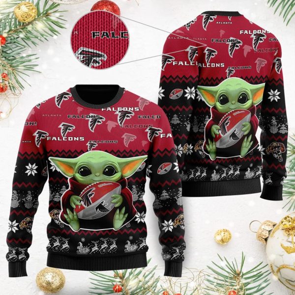 Baby Yoda Hug Atlanta Falcons NFL Ugly Christmas Sweater, Atlanta Falcons Ugly Sweater, NFL Ugly Sweater