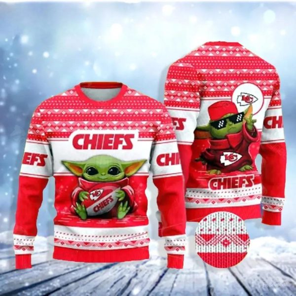 Baby Yoda Kansas City Chiefs Ugly Christmas Sweater, Kansas City Chiefs Ugly Sweater, NFL Ugly Sweater