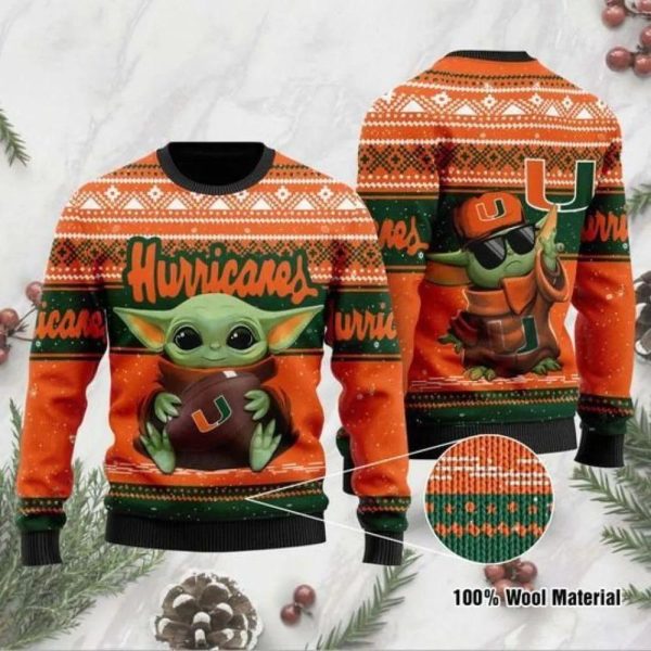 Baby Yoda Miami Hurricanes Football Ugly Christmas Sweater, Miami Hurricanes Christmas Sweater, NCAA Christmas Sweater