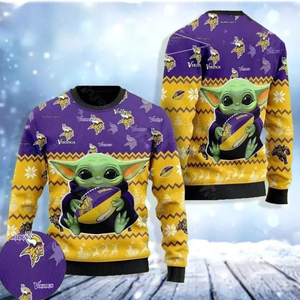 Baby Yoda Minnesota Vikings Ugly Christmas Sweater, Minnesota Vikings Ugly Sweater, NFL Ugly Sweater