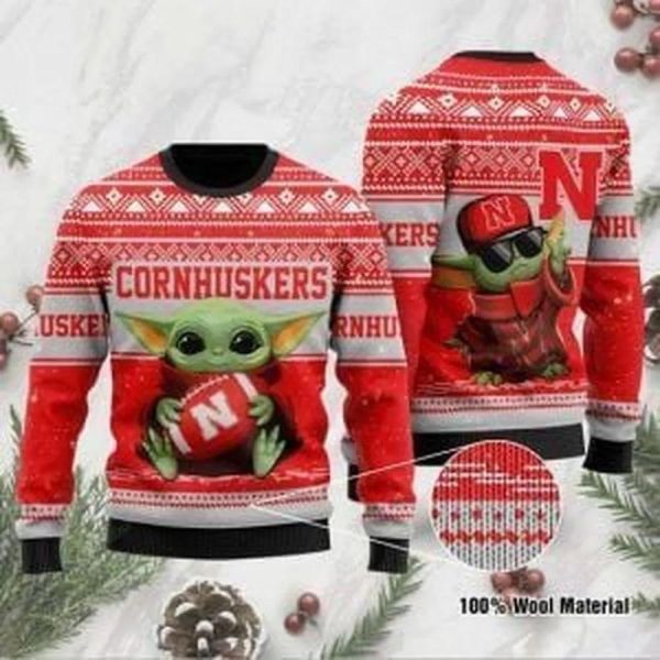 Baby Yoda Nebraska Cornhuskers Ugly Christmas Sweater, Nebraska Cornhuskers Christmas Sweater, NCAA Christmas Sweater