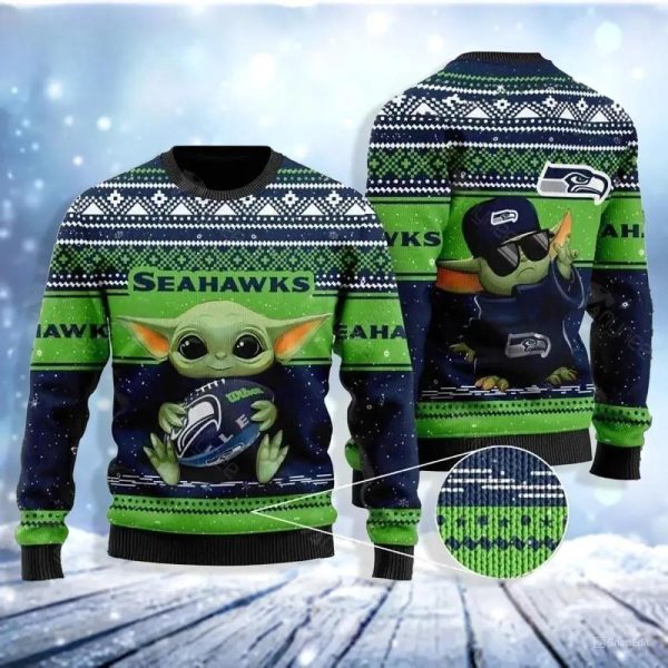 Baby Yoda Seattle Seahawks Ugly Christmas Sweater, Seattle Seahawks Ugly Sweater, NFL Ugly Sweater