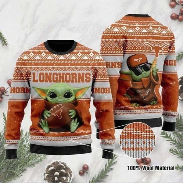 Baby Yoda Texas Longhorns Football Ugly Christmas Sweater, Texas Longhorns Christmas Sweater, NCAA Christmas Sweater