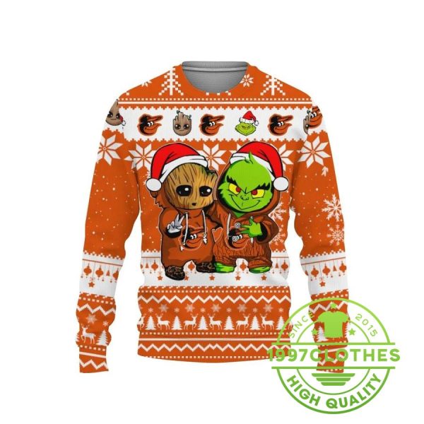 Baltimore Orioles Baby Groot And Grinch Best Friends Ugly Christmas Sweater, Baltimore Orioles Ugly Sweater, MLB Christmas Sweater