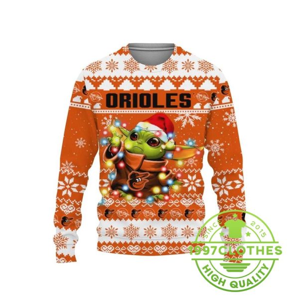 Baltimore Orioles Baby Yoda Star Wars Ugly Christmas Sweater, Baltimore Orioles Ugly Sweater, MLB Christmas Sweater