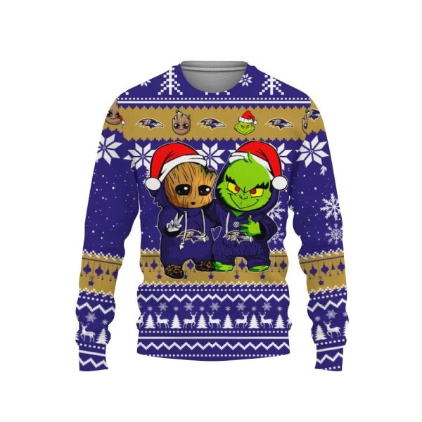 Baltimore Ravens Baby Groot And Grinch Best Friends Ugly Christmas Sweater, Baltimore Ravens Ugly Sweater, NFL Ugly Sweater