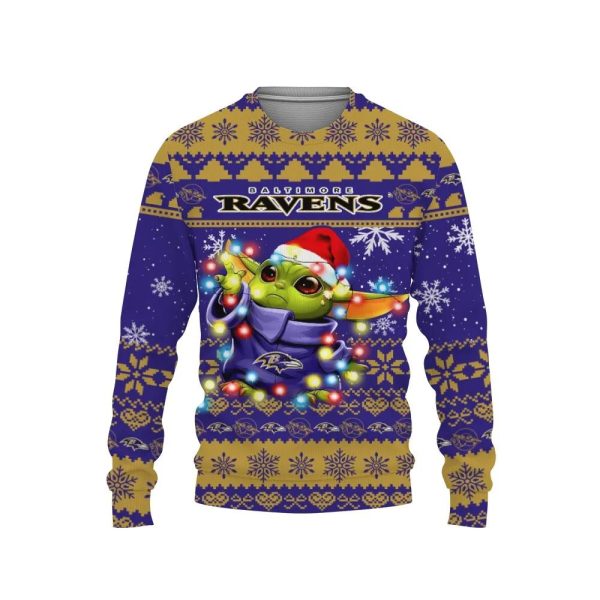 Baltimore Ravens Baby Yoda Star Wars Ugly Christmas Sweater, Baltimore Ravens Ugly Sweater, NFL Ugly Sweater