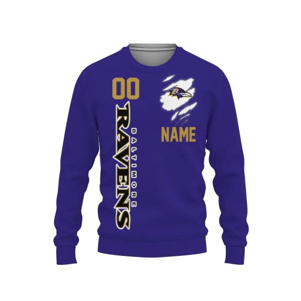 Baltimore Ravens Custom Name Number Ugly Christmas Sweater, Baltimore Ravens Ugly Sweater, NFL Ugly Sweater