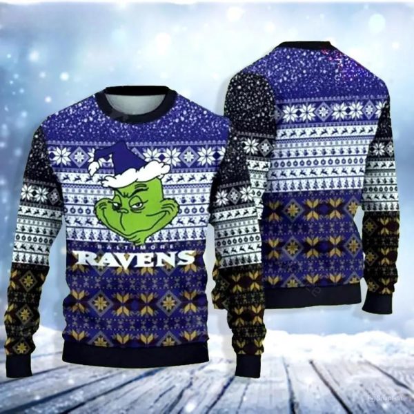 Baltimore Ravens Grinch Cute Ugly Christmas Sweater, Baltimore Ravens Ugly Sweater, NFL Ugly Sweater