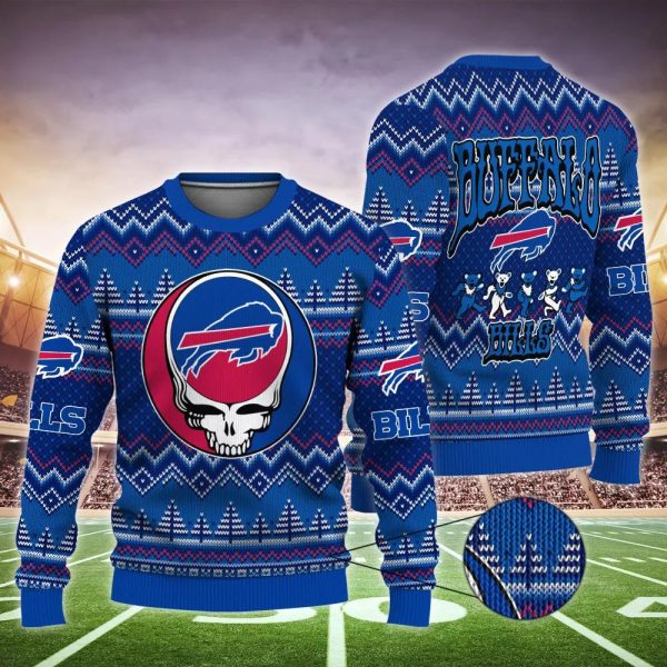 Buffalo Bills Grateful Skull Ugly Christmas Sweater, Buffalo Bills Ugly Sweater, NFL Ugly Sweater