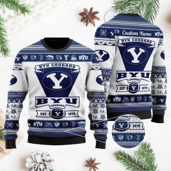 Byu Cougars Football Team Logo Custom Name Ugly Christmas Sweater, Byu Cougars Christmas Sweater, NCAA Christmas Sweater