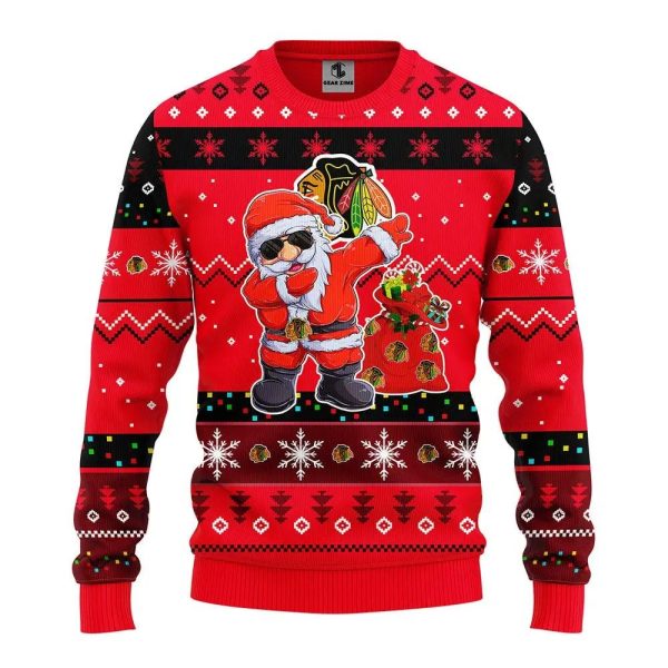 Chicago Blackhawks Dabbing Santa Claus Ugly Christmas Sweater, Chicago Blackhawks Ugly Sweater, NHL Ugly Sweater