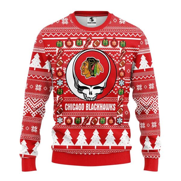 Chicago Blackhawks Grateful Dead Ugly Christmas Sweater, Chicago Blackhawks Ugly Sweater, NHL Ugly Sweater